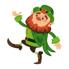 Leprechaun cartoon character or funny green dwarf vector illustration for Saint Patrick Day 17 march traditional Irish folklore Celtic mythology culture dancing with hat isolated on white background