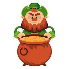 Leprechaun cartoon character or angry green dwarf vector illustration for Saint Patrick Day 17 march traditional Irish folklore Celtic mythology culture with hat and pot isolated on white background