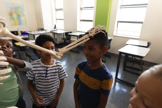 School kids playing with skeleton in classroom