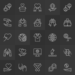 Donation and volunteer vector icons collection in thin line style on dark background