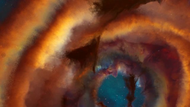 A three dimensional deep space trip through a tunnel of gas and dust with a starry background