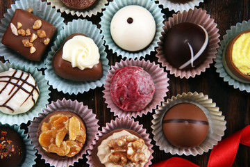 a lot of variety chocolate pralines, belgian confectionery gourmet chocolate
