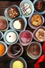 a lot of variety chocolate pralines, belgian confectionery gourmet chocolate