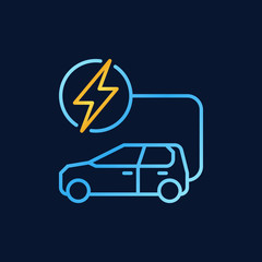 Blue electric car with golden lightning vector outline icon or logo element on dark background