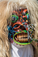 Terrifying traditional mexican carnival tastoan mask in the magical town of Tonala, Jalisco, Mexico