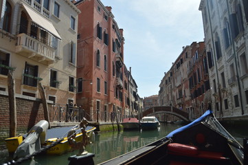 Fototapeta na wymiar Nice Venetian Style Buildings Seen Walking On Gondola In Venice. Travel, holidays, architecture. March 29, 2015. Venice, Veneto region, Italy.