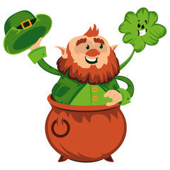 Leprechaun cartoon character or funny green dwarf vector illustration for Saint Patrick Day 17 march traditional Irish folklore Celtic mythology culture with hat pot and shamrock on white background