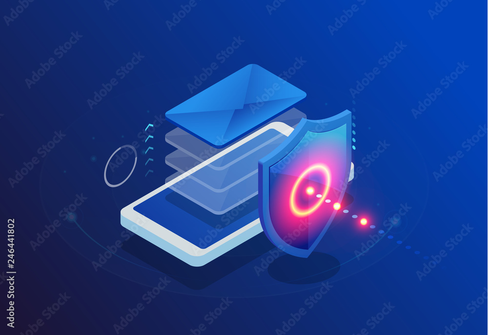 Poster isometric protection network security and safe your data concept. web page design templates cybersec