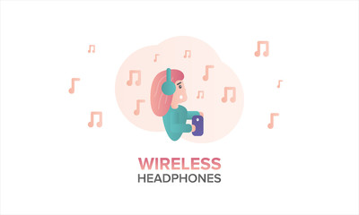 Wireless headphones. A girl in wireless headphones and with a smartphone. Character flat illustration. Cartoon vector