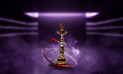 Hookah smoking on a background of abstract futuristic background, neon light, smoke.