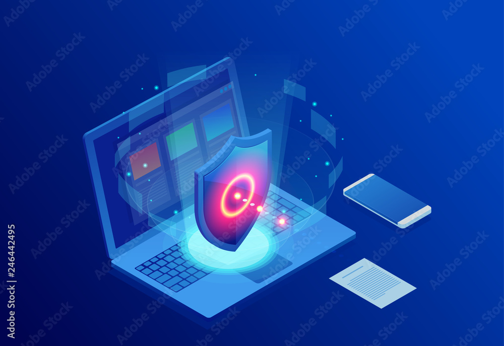 Poster isometric protection network security and safe your data concept. web page design templates cybersec