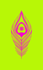 Peacock feather with eye, Asian folk art style. Oriental abstract decor element, pink and green.