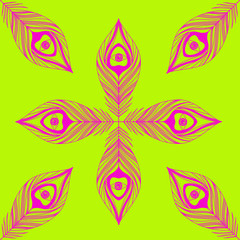 Oriental geometric pattern. Peacock feather with eye, folk art. Abstract decor element, pink and green.
