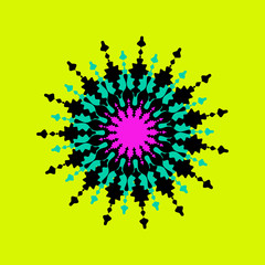 Colorful detailed Asian oriental geometric shape. Abstract star shape roundish decor element. Green, pink and black colors.