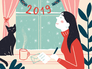 A girl sitting at the window with a cat and writing