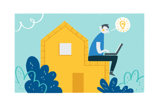 A man sitting on a house and having an idea