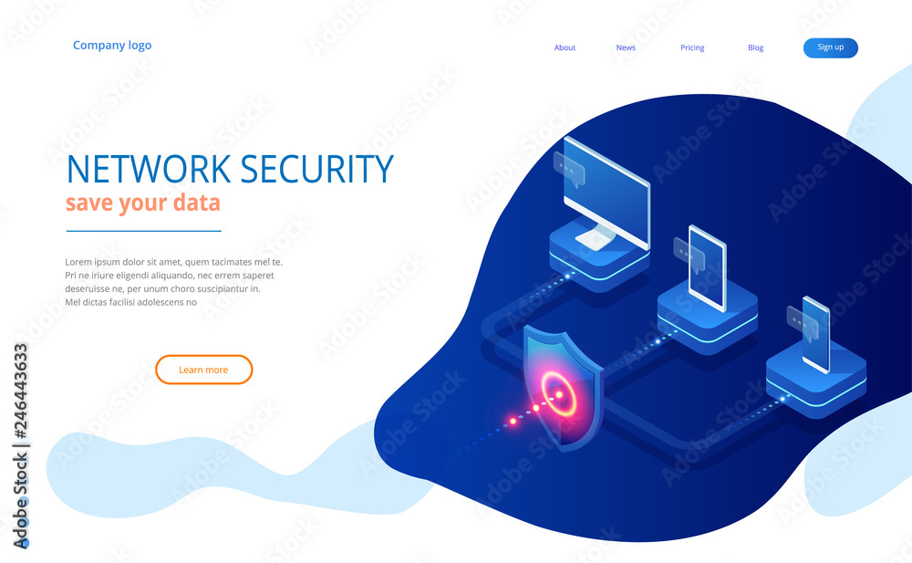 Poster isometric protection network security and safe your data concept. web page design templates cybersec