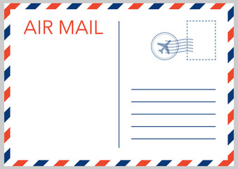 Air mail envelope with postal stamp isolated on white background. Vector illustration.