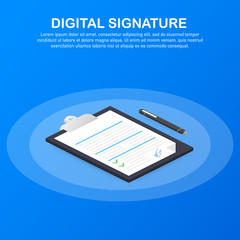 Digital signature. Web isometric contract signature infographic concept. Vector illustration.