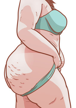 Fat plus size woman putting on her panties