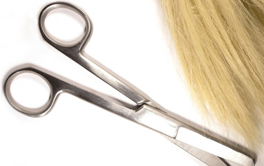 Long blond hair and scissors isolated on white