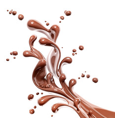  hot dark chocolate dynamic splashing, liquid splash, 3d  isolated on white background