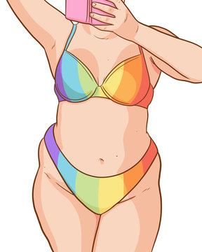 Illustration of plus size woman in LGBT bikini taking selfie