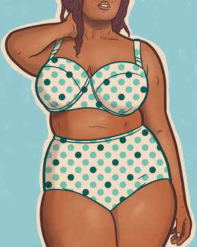 Illustration of plus size woman wearing spotted bikini