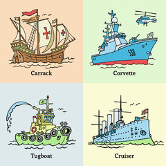 Vector illustration of boats. Coloring book with ships. Carrack, tugboat, cruiser and corvette.
