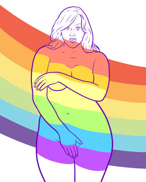 Illustration of curvy naked woman with LGBT flag