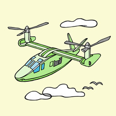 Vector illustration of tiltrotor. Cartoon coloring book with convertiplane.