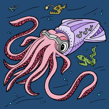 Vector illustration of cartoon giant squid in sea. Coloring book with sea monster.