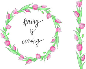 Stock vector floral set of seamless flower brush from pink tulips and beautiful wreath.  Isolated and hand drawn illustration. Floral design, flower backdrop. Festive hand drawn pattern,  spring.
