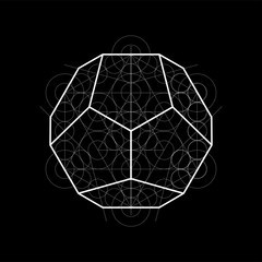 Dodecahedron from Metatrons cube, sacred geometry vector illustration with construction lines on black