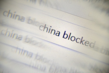 Glitch effect of blurred reproduction of the inscription China is blocked. A macro photograph of a...