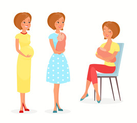 Vector illustration of pregnant woman, woman with a baby and breastfeeding. Mother with a baby, feeds baby with breast. Happy motherhood concept in flat cartoon style. Young mother.
