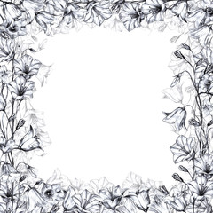 Obraz premium Hand drawn floral square frame with gray graphic bluebell flowers on white background and transparent floral layer