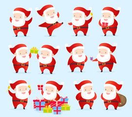Vector illustration collection of Christmas Santa Claus in different posing on light blue background. Funny cartoon Santas characters. New Year s concept. Flat cartoon style.