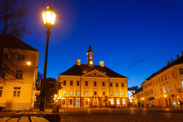 View of the Tartu Town Hall and Town Hall square in the autumn twilight. Tartu, Estonia