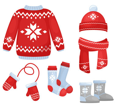 Vector illustration of winter clothes collection. Knitted hat and scarf, socks, hand gloves, sweater in Christmas style isolated on white background in cartoon flat style.