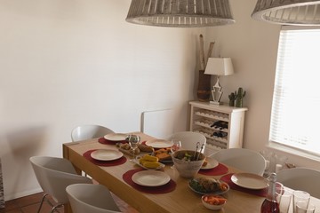 Dining table with plates and food at home