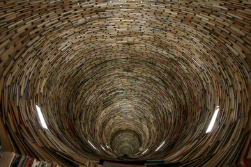 A picture of a tunnel made of books. Looking quite hypnotic. It is made of books and mirrors. 