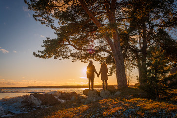Young couple holding hands standing under the pine on the Peipsi lake shore in South Estonia during sunset in winter