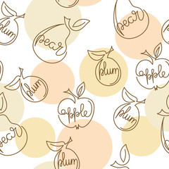 Apple, pear, plum - one continuous line of drawing. Hand drawn vector illustration . Seamless pattern