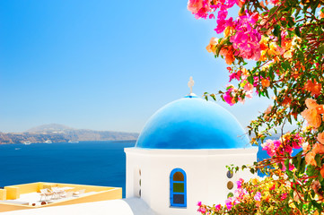 Fototapeta na wymiar Santorini island, Greece. Traditional greek church with blue dome and tree with pink flowers