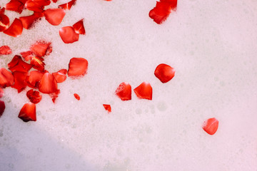 Bath water with rose petals. St. Valentine's Day bath. Aromatherapy with flower petals.