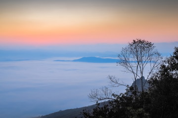 Fototapeta na wymiar sunrise at Doi Samur Dao, mountain view misty morning of the hill around with sea of mist with colorful of yellow sun light in the sky background, Sri Nan National Park, Nan Province, Thailand.