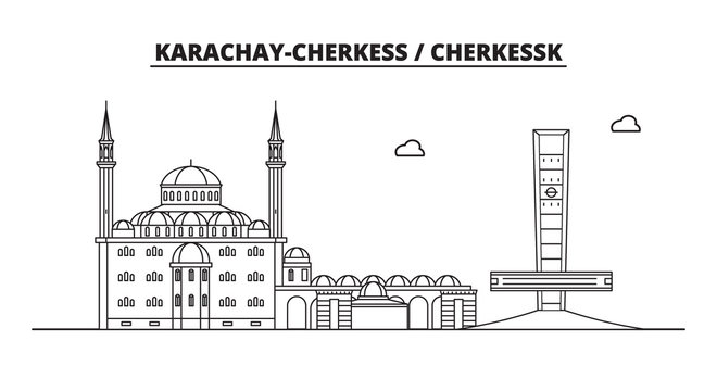Russia, Karachay-Cherkess, Cherkessk. City skyline: architecture, buildings, streets, silhouette, landscape, panorama, landmarks. Editable strokes. Flat design line vector illustration concept
