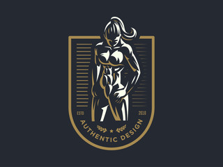 Woman fitness emblem.