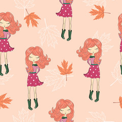 Seamless autumn pattern with cute cartoon girls. 
